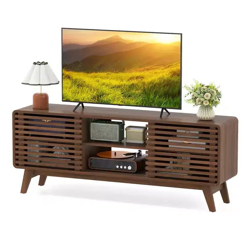 Costway TV Stand w/Sliding Doors Adjustable Shelves & Rubber Wood Legs for TVs up to 65''