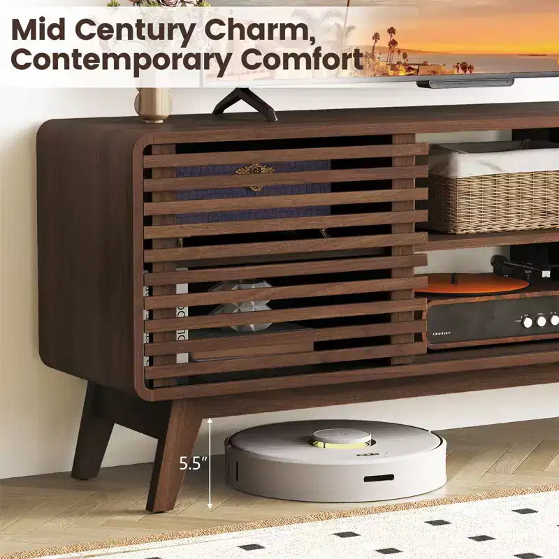 TV Stand with Sliding Doors, Adjustable Shelves & Rubber Wood Legs for TVs up to 65"