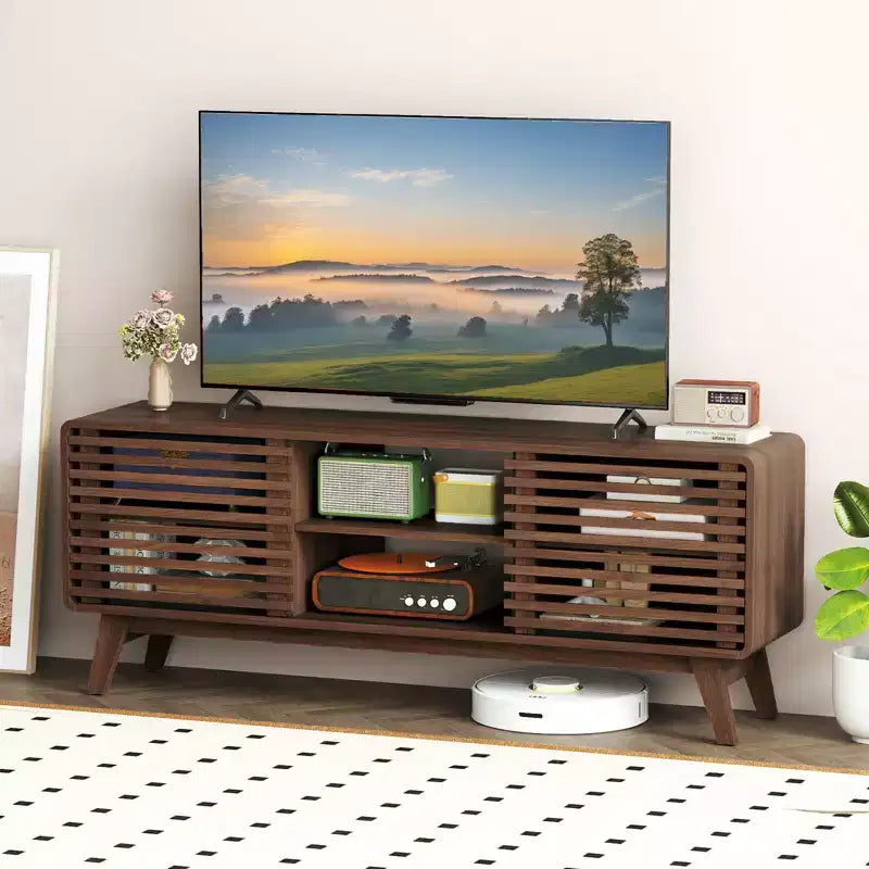 TV Stand with Sliding Doors, Adjustable Shelves & Rubber Wood Legs for TVs up to 65"