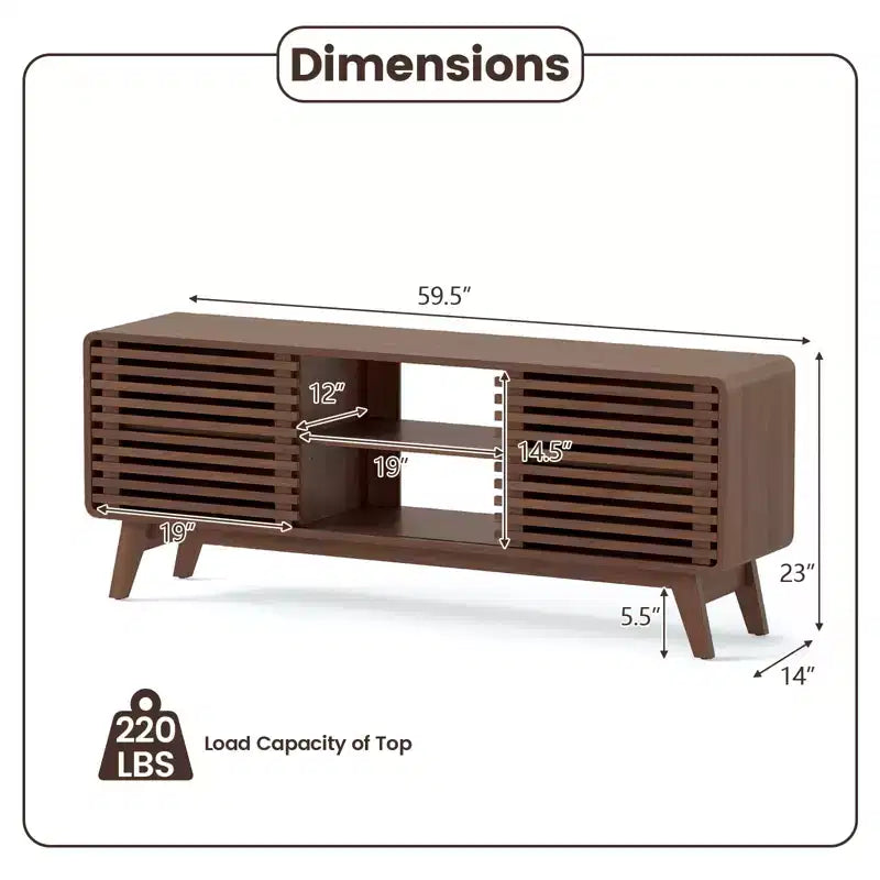 TV Stand with Sliding Doors, Adjustable Shelves & Rubber Wood Legs for TVs up to 65"