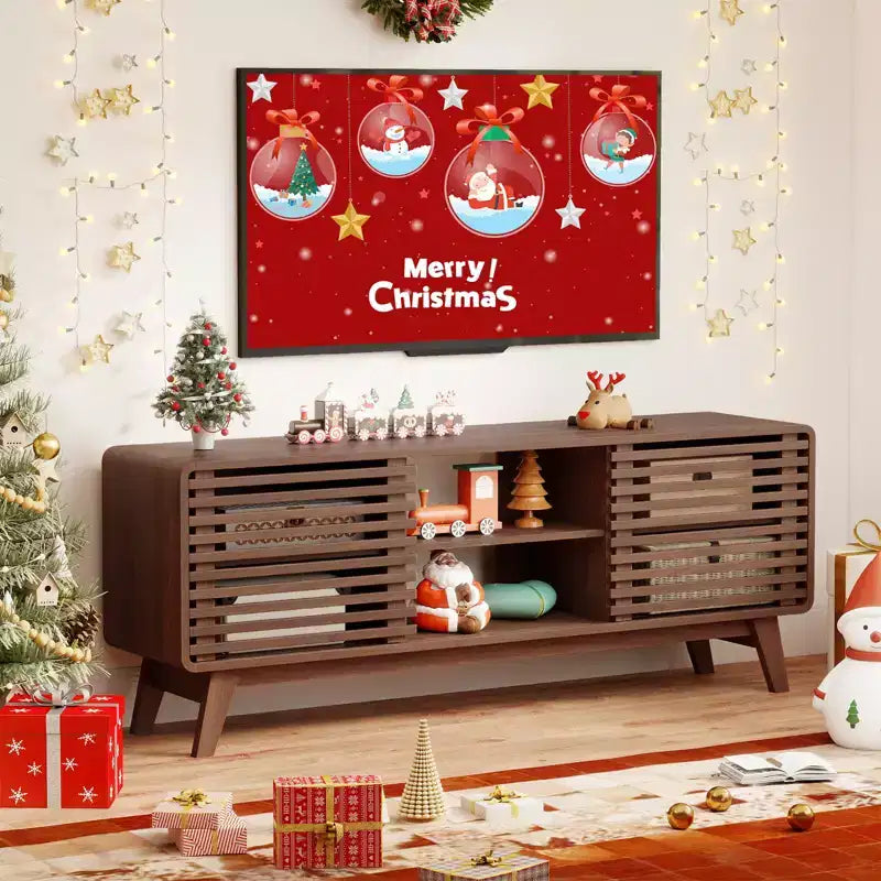 TV Stand with Sliding Doors, Adjustable Shelves & Rubber Wood Legs for TVs up to 65"