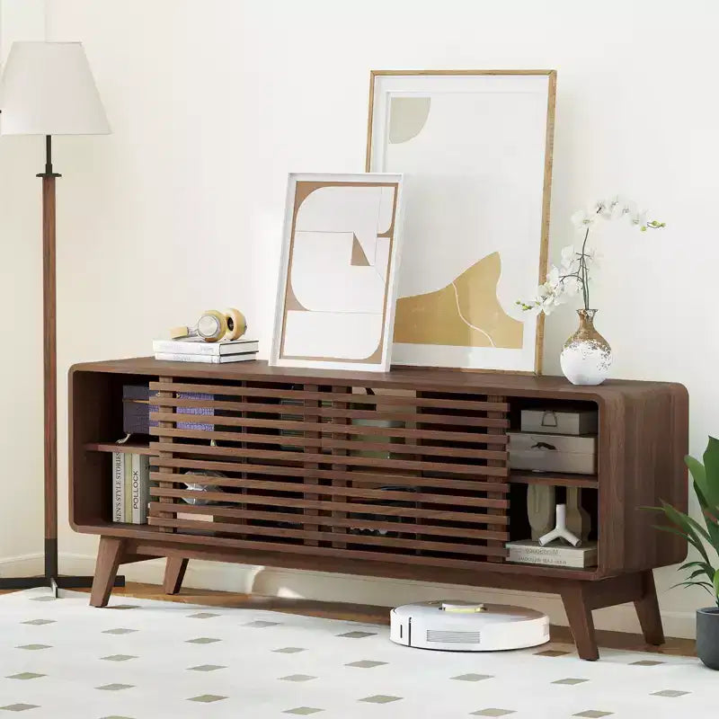 TV Stand with Sliding Doors, Adjustable Shelves & Rubber Wood Legs for TVs up to 65"