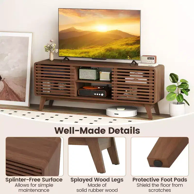 TV Stand with Sliding Doors, Adjustable Shelves & Rubber Wood Legs for TVs up to 65"