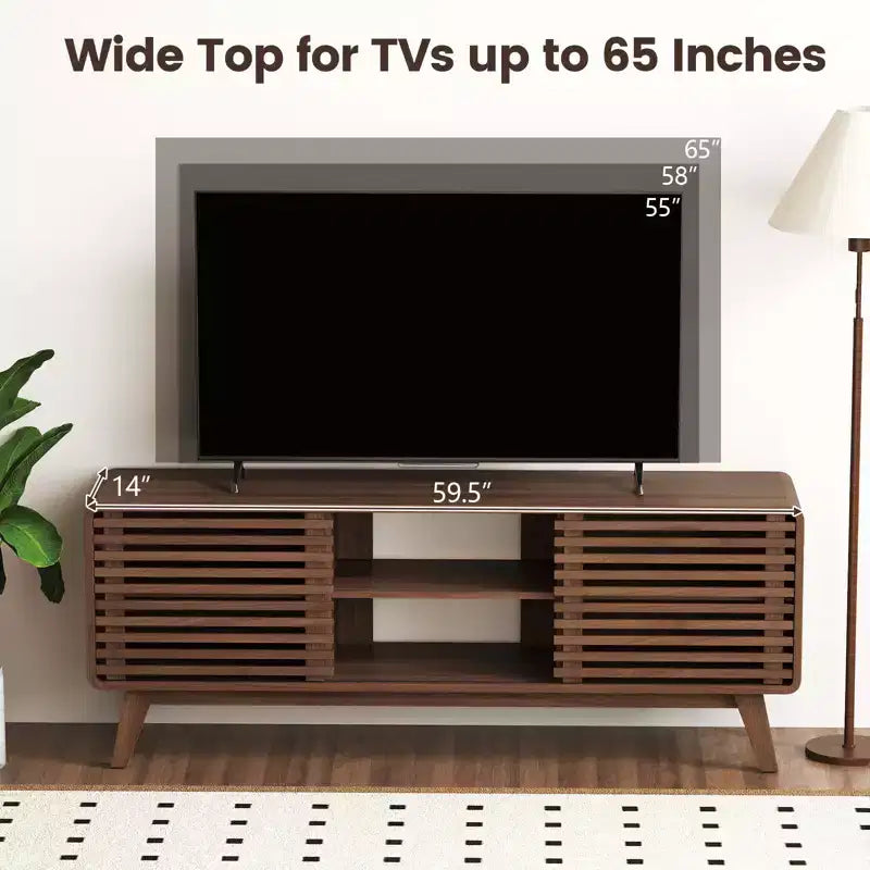 TV Stand with Sliding Doors, Adjustable Shelves & Rubber Wood Legs for TVs up to 65"