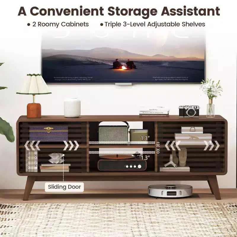 TV Stand with Sliding Doors, Adjustable Shelves & Rubber Wood Legs for TVs up to 65"