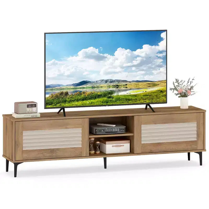 Costway TV Stand w/2 Storage Cabinets & Open Shelves Cable Hole for TVs up to 70''