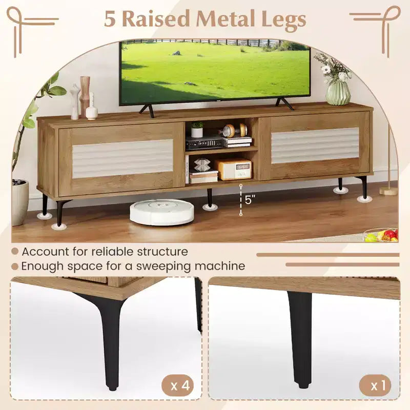 TV Stand w/2 Storage Cabinets & Open Shelves, Cable Hole for TVs up to 70''