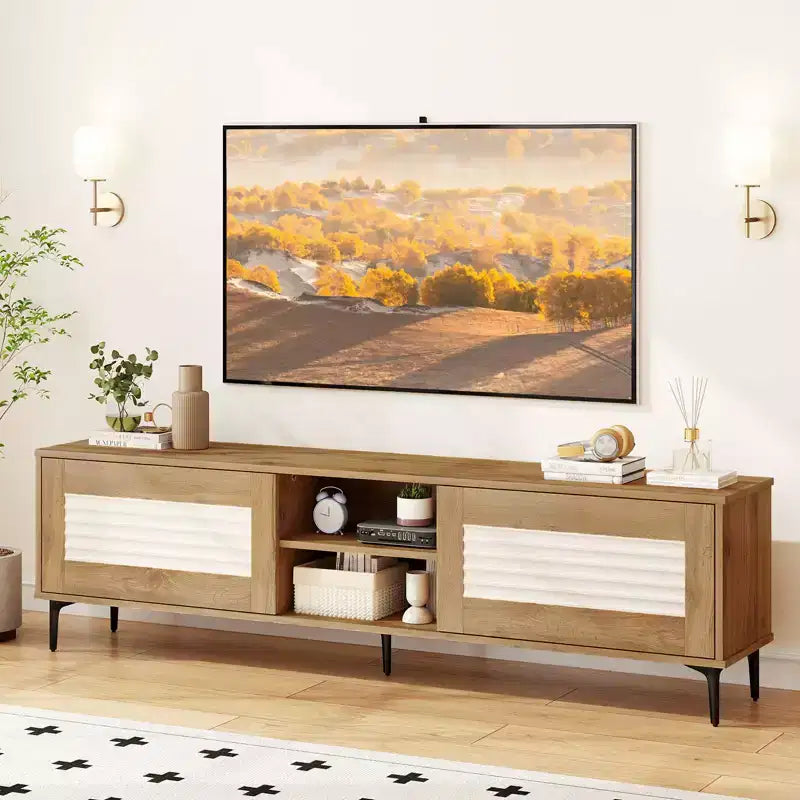TV Stand w/2 Storage Cabinets & Open Shelves, Cable Hole for TVs up to 70''