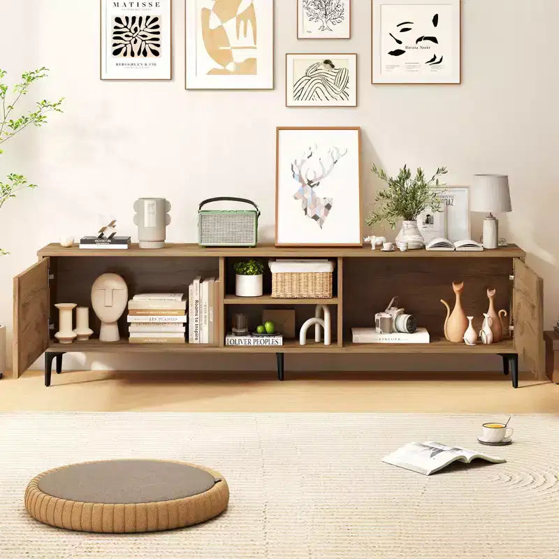 TV Stand w/2 Storage Cabinets & Open Shelves, Cable Hole for TVs up to 70''