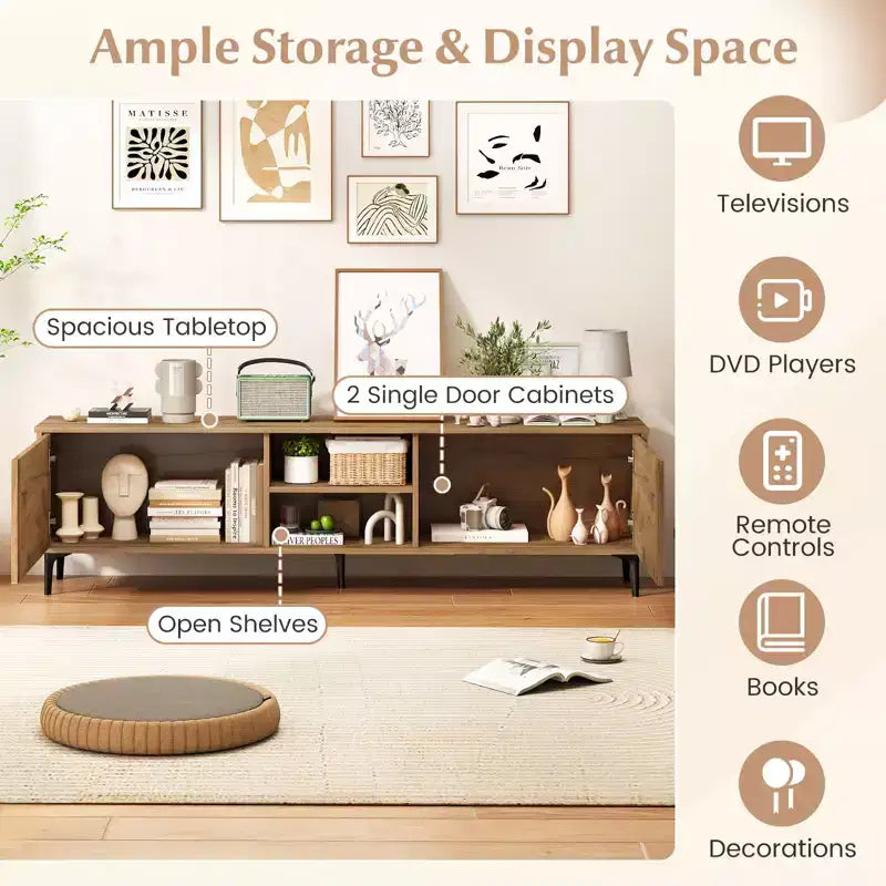 TV Stand w/2 Storage Cabinets & Open Shelves, Cable Hole for TVs up to 70''