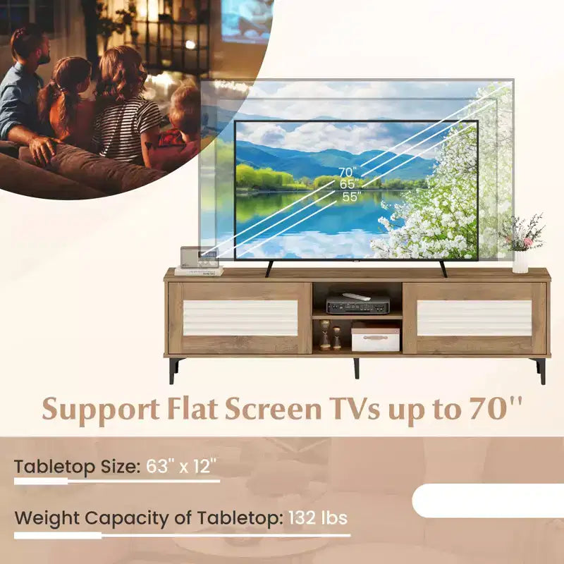 TV Stand w/2 Storage Cabinets & Open Shelves, Cable Hole for TVs up to 70''