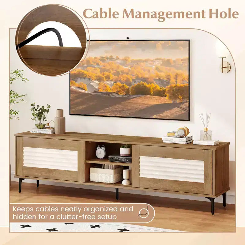 TV Stand w/2 Storage Cabinets & Open Shelves, Cable Hole for TVs up to 70''