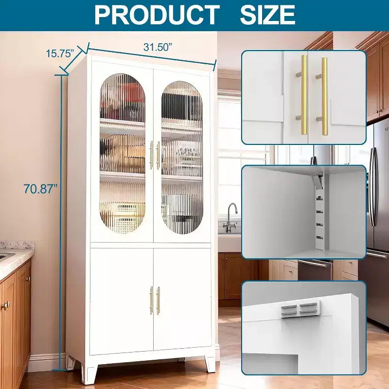 Modern Pantry Cabinet with Fluted Glass Doors, 71" Kitchen Storage Cabinet, Metal Accent Cupboard for Dining Room & Kitchen