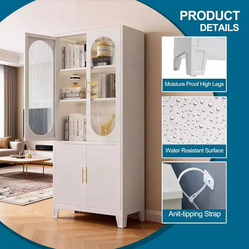 Modern Pantry Cabinet with Fluted Glass Doors, 71" Kitchen Storage Cabinet, Metal Accent Cupboard for Dining Room & Kitchen