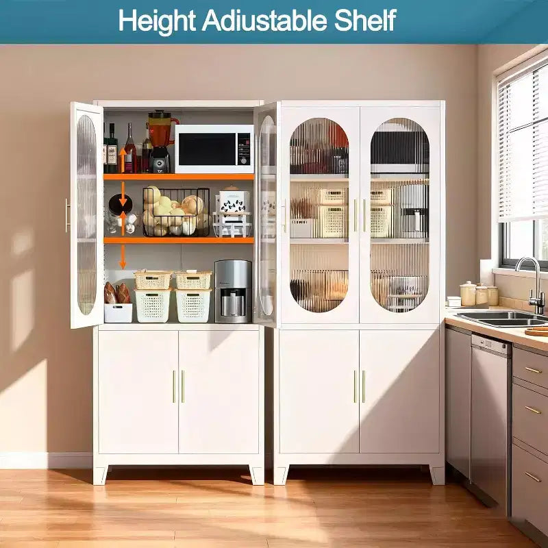 Modern Pantry Cabinet with Fluted Glass Doors, 71" Kitchen Storage Cabinet, Metal Accent Cupboard for Dining Room & Kitchen