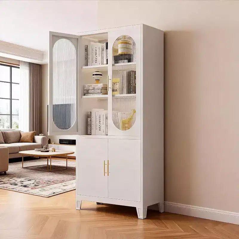Modern Pantry Cabinet with Fluted Glass Doors, 71" Kitchen Storage Cabinet, Metal Accent Cupboard for Dining Room & Kitchen