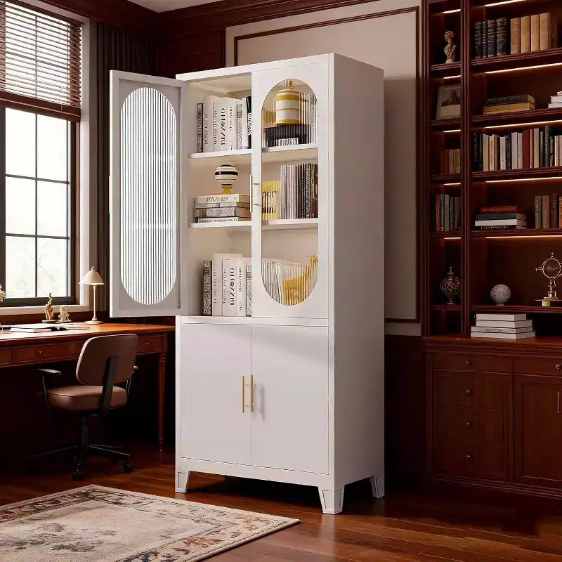 Modern Pantry Cabinet with Fluted Glass Doors, 71" Kitchen Storage Cabinet, Metal Accent Cupboard for Dining Room & Kitchen