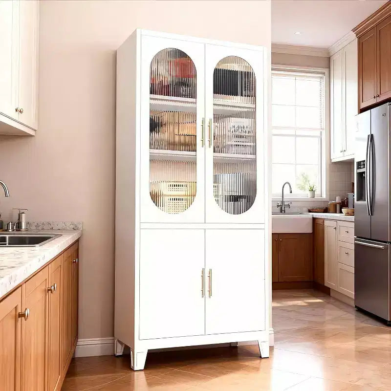 Modern Pantry Cabinet with Fluted Glass Doors, 71" Kitchen Storage Cabinet, Metal Accent Cupboard for Dining Room & Kitchen