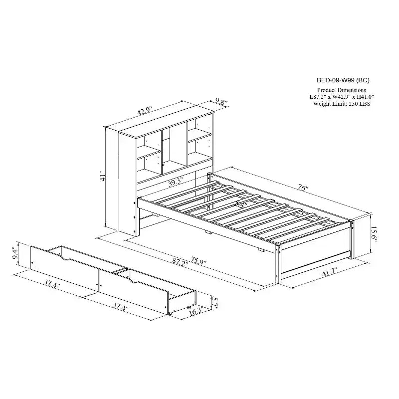 Modern Twin Size Bed Frame With Bookcase Headboard, USB Port and 2 Drawers