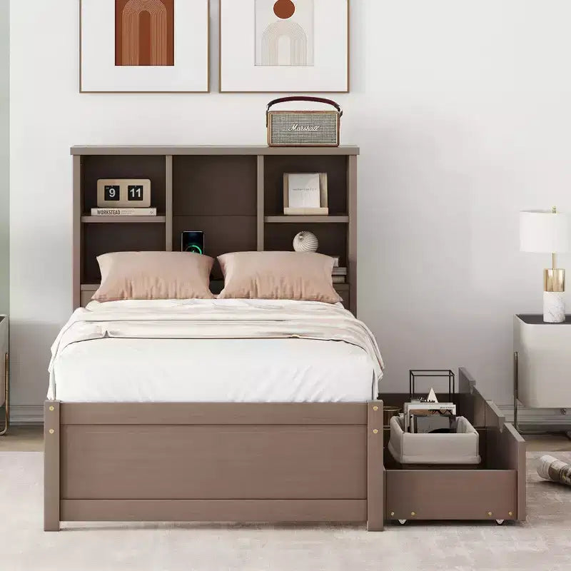 Modern Twin Size Bed Frame With Bookcase Headboard, USB Port and 2 Drawers