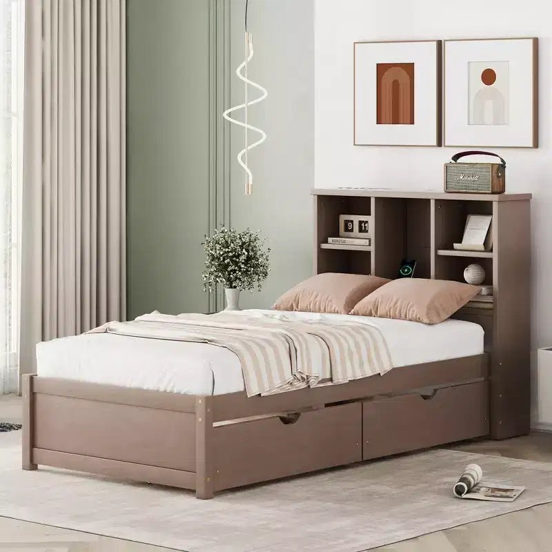 Modern Twin Size Bed Frame With Bookcase Headboard, USB Port and 2 Drawers