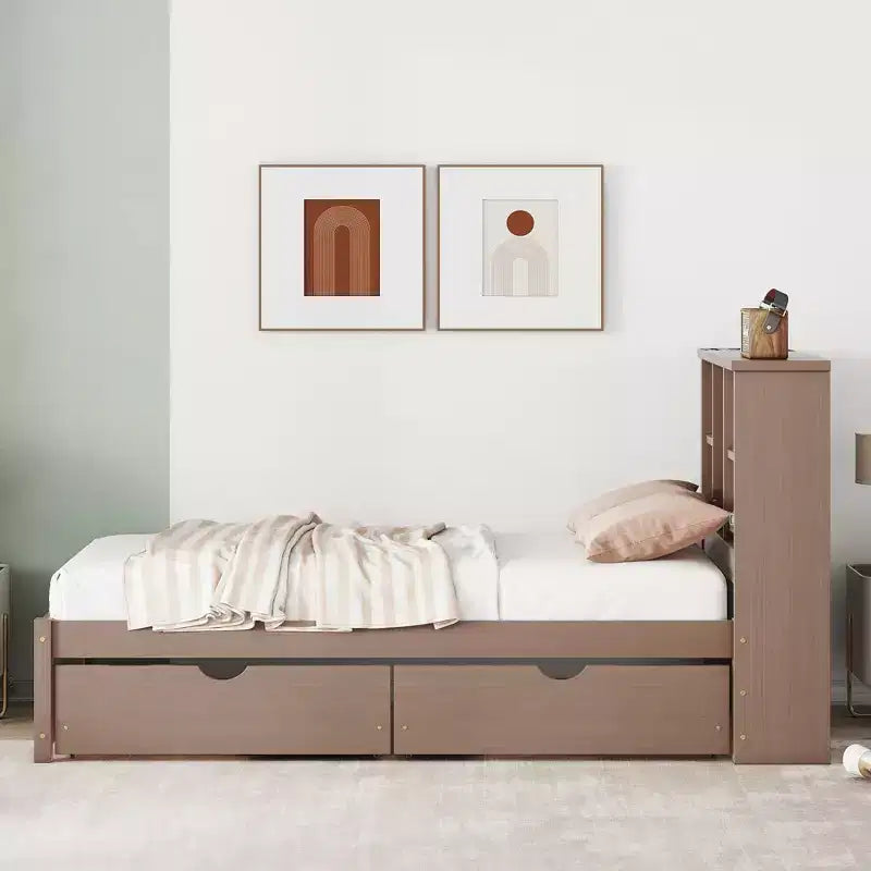 Modern Twin Size Bed Frame With Bookcase Headboard, USB Port and 2 Drawers