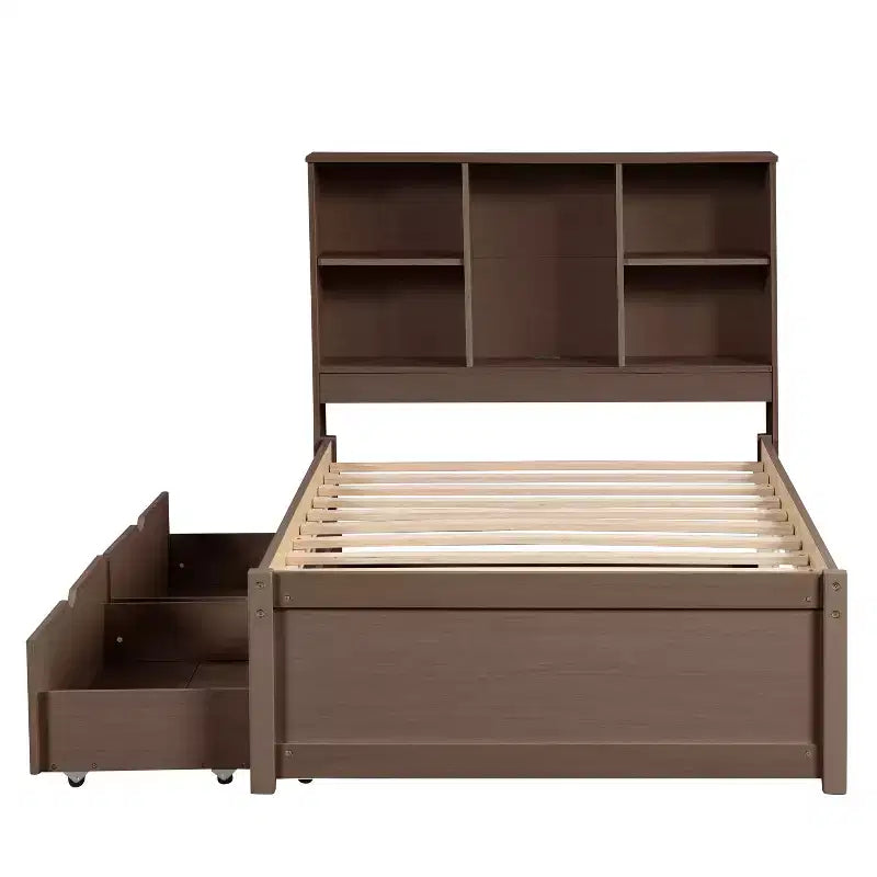 Modern Twin Size Bed Frame With Bookcase Headboard, USB Port and 2 Drawers