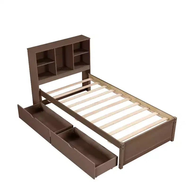 Modern Twin Size Bed Frame With Bookcase Headboard, USB Port and 2 Drawers