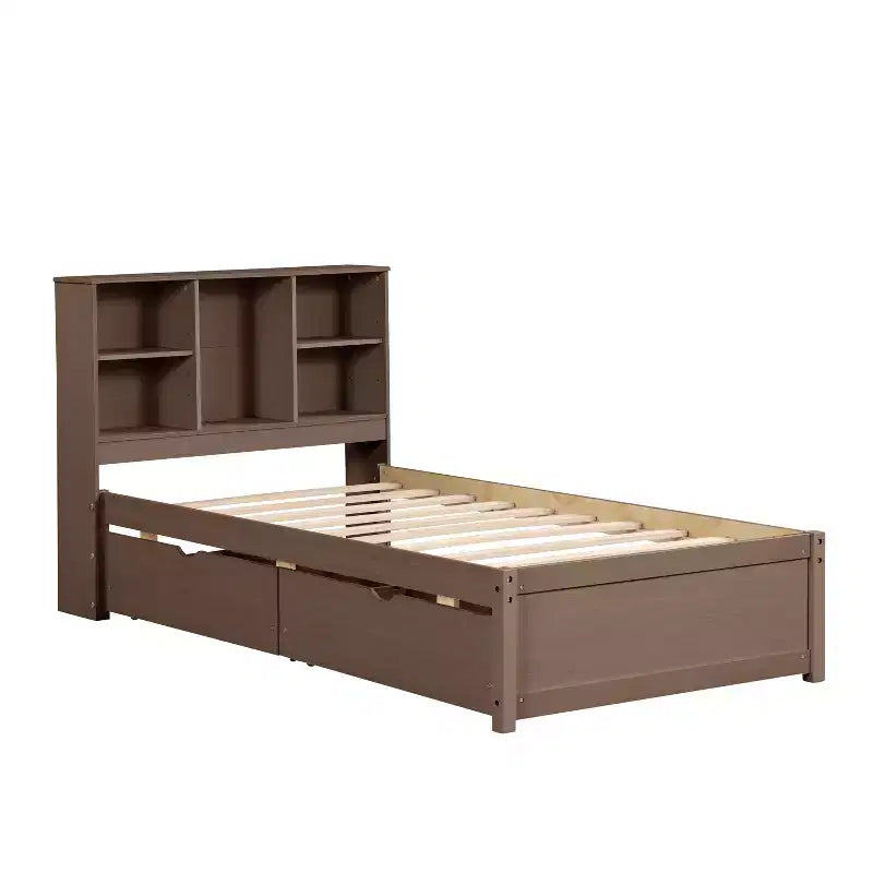 Modern Twin Size Bed Frame With Bookcase Headboard, USB Port and 2 Drawers