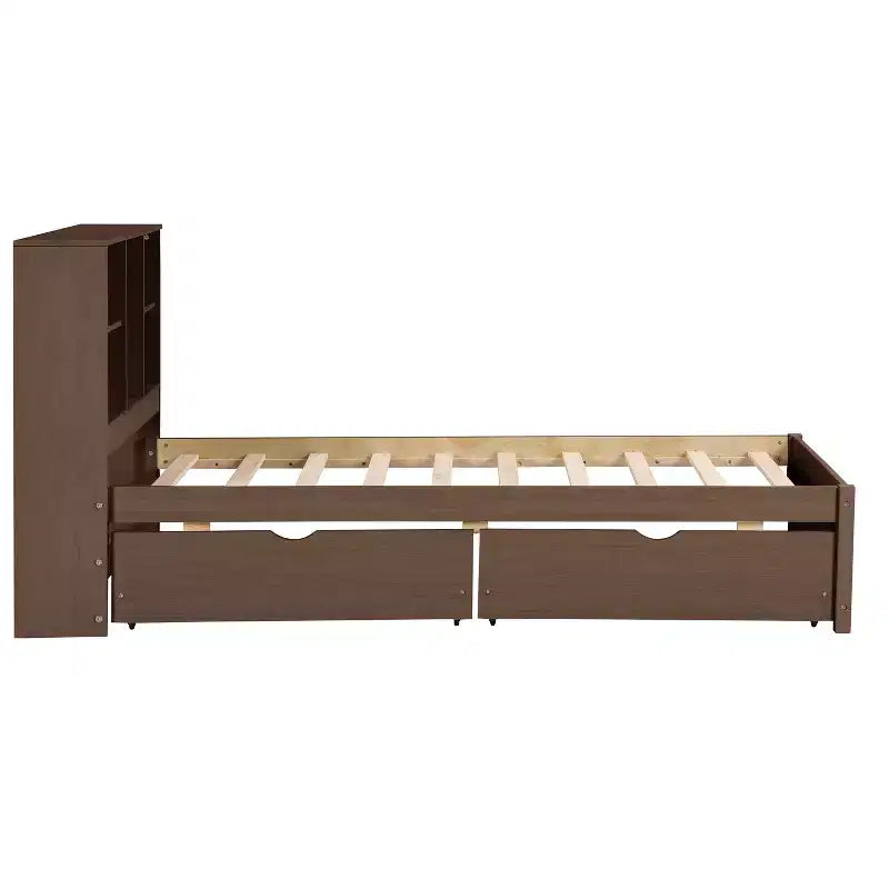 Modern Twin Size Bed Frame With Bookcase Headboard, USB Port and 2 Drawers