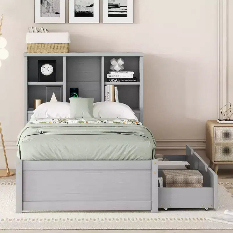 Modern Twin Size Bed Frame With Bookcase Headboard, USB Port and 2 Drawers