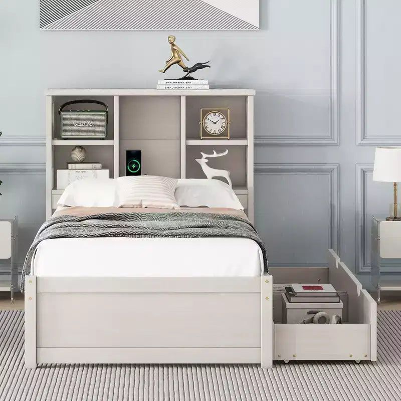 Modern Twin Size Bed Frame With Bookcase Headboard, USB Port and 2 Drawers