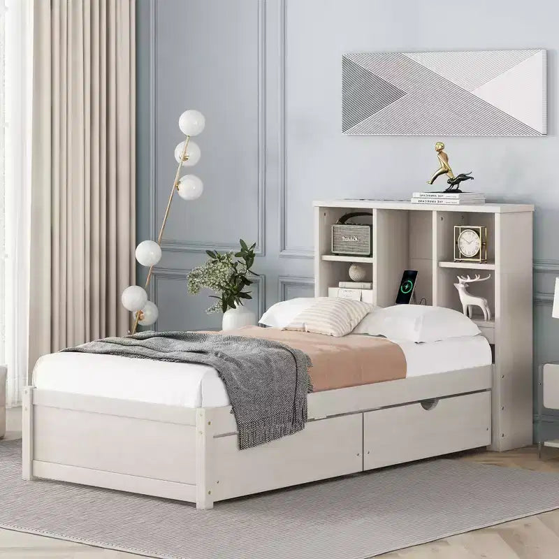 Modern Twin Size Bed Frame With Bookcase Headboard, USB Port and 2 Drawers