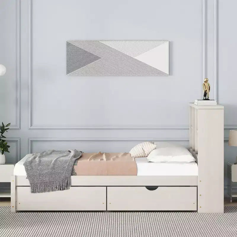 Modern Twin Size Bed Frame With Bookcase Headboard, USB Port and 2 Drawers