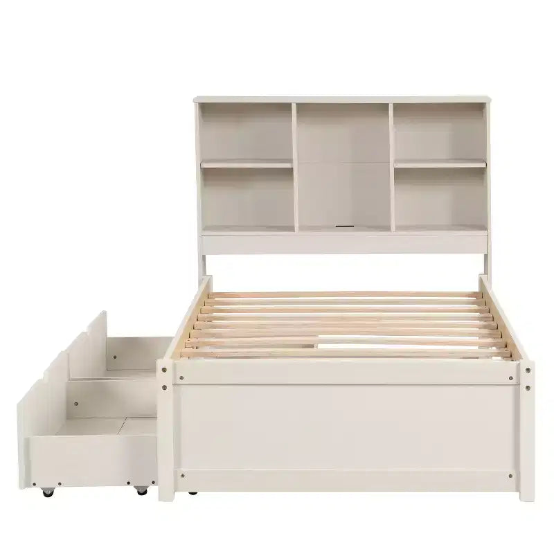 Modern Twin Size Bed Frame With Bookcase Headboard, USB Port and 2 Drawers