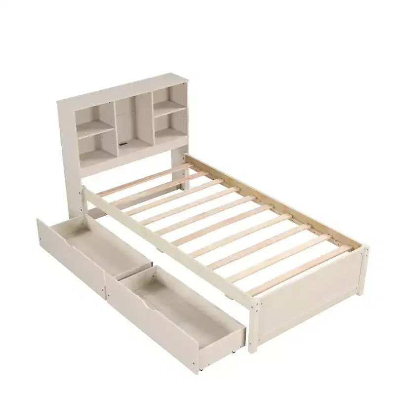 Modern Twin Size Bed Frame With Bookcase Headboard, USB Port and 2 Drawers