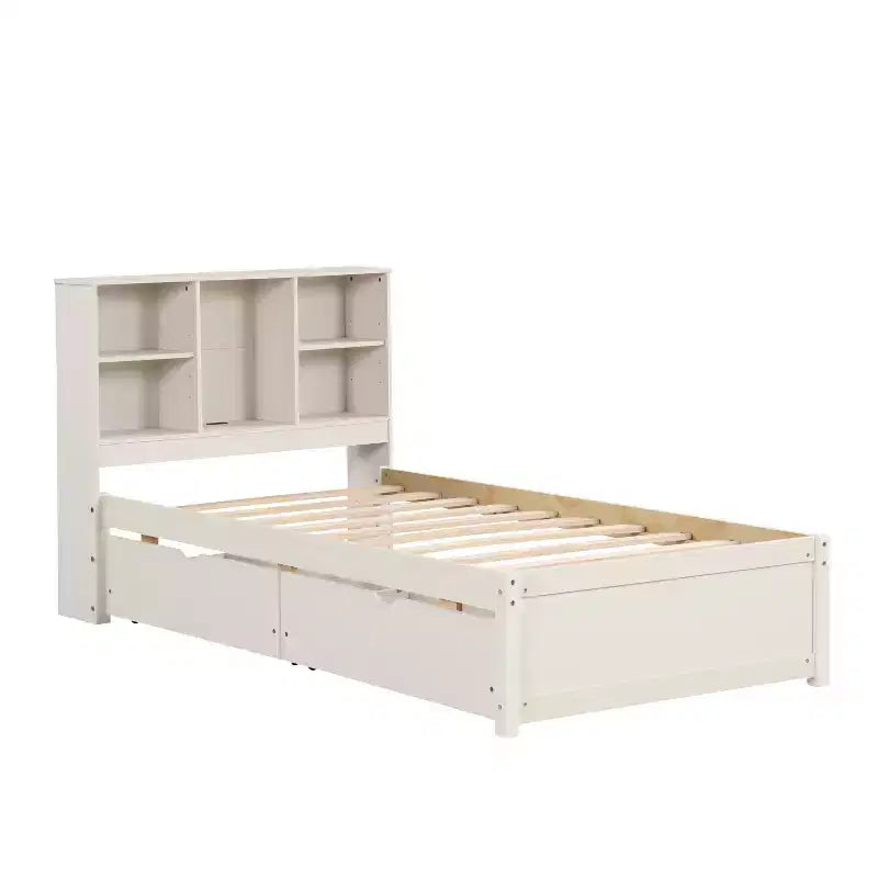 Modern Twin Size Bed Frame With Bookcase Headboard, USB Port and 2 Drawers