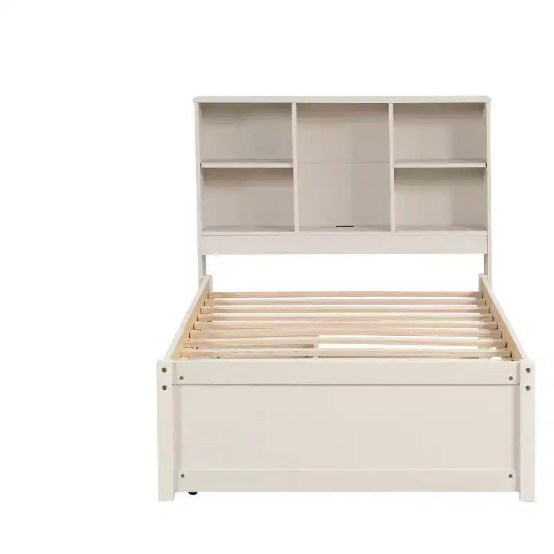 Modern Twin Size Bed Frame With Bookcase Headboard, USB Port and 2 Drawers