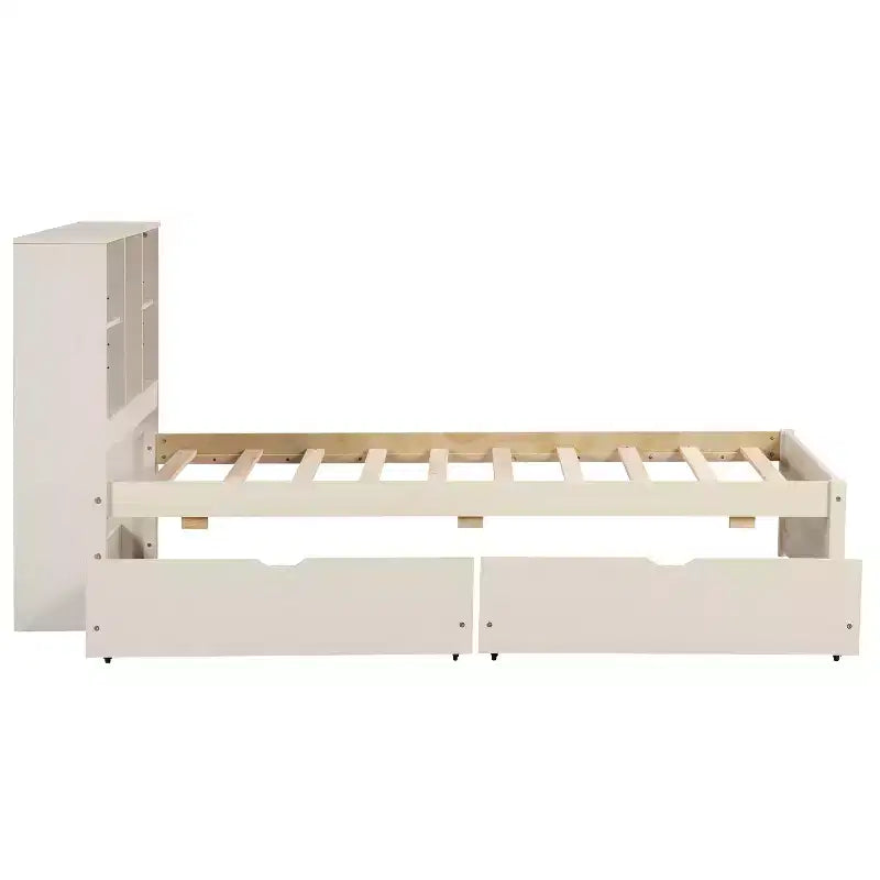 Modern Twin Size Bed Frame With Bookcase Headboard, USB Port and 2 Drawers