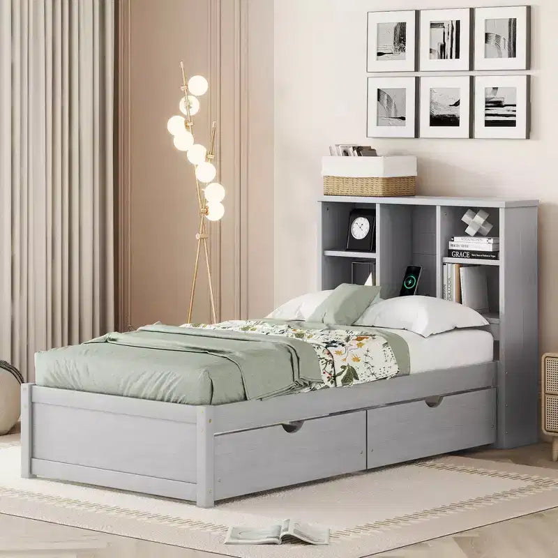 Modern Twin Size Bed Frame With Bookcase Headboard, USB Port and 2 Drawers
