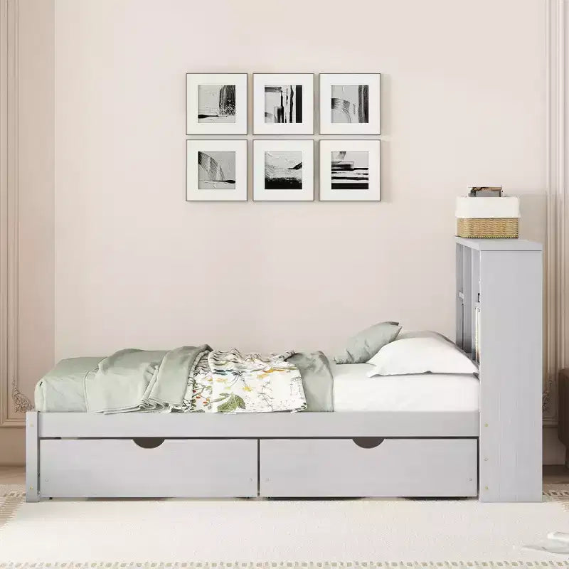 Modern Twin Size Bed Frame With Bookcase Headboard, USB Port and 2 Drawers