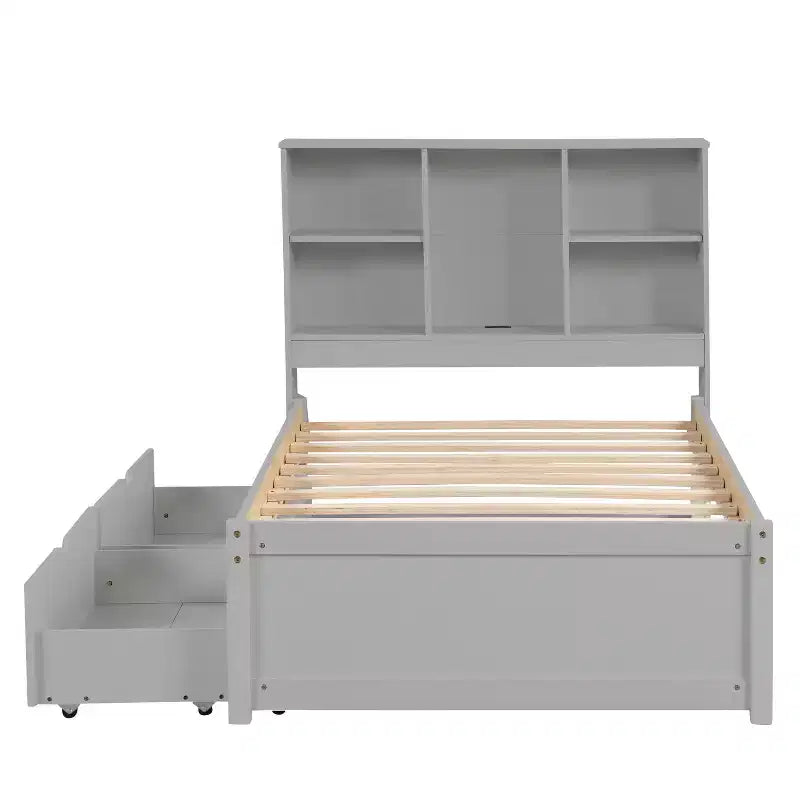 Modern Twin Size Bed Frame With Bookcase Headboard, USB Port and 2 Drawers