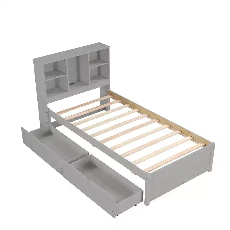 Modern Twin Size Bed Frame With Bookcase Headboard, USB Port and 2 Drawers