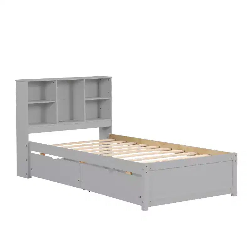 Modern Twin Size Bed Frame With Bookcase Headboard, USB Port and 2 Drawers
