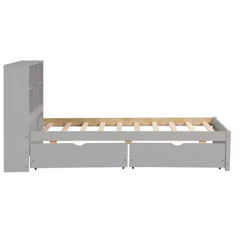 Modern Twin Size Bed Frame With Bookcase Headboard, USB Port and 2 Drawers