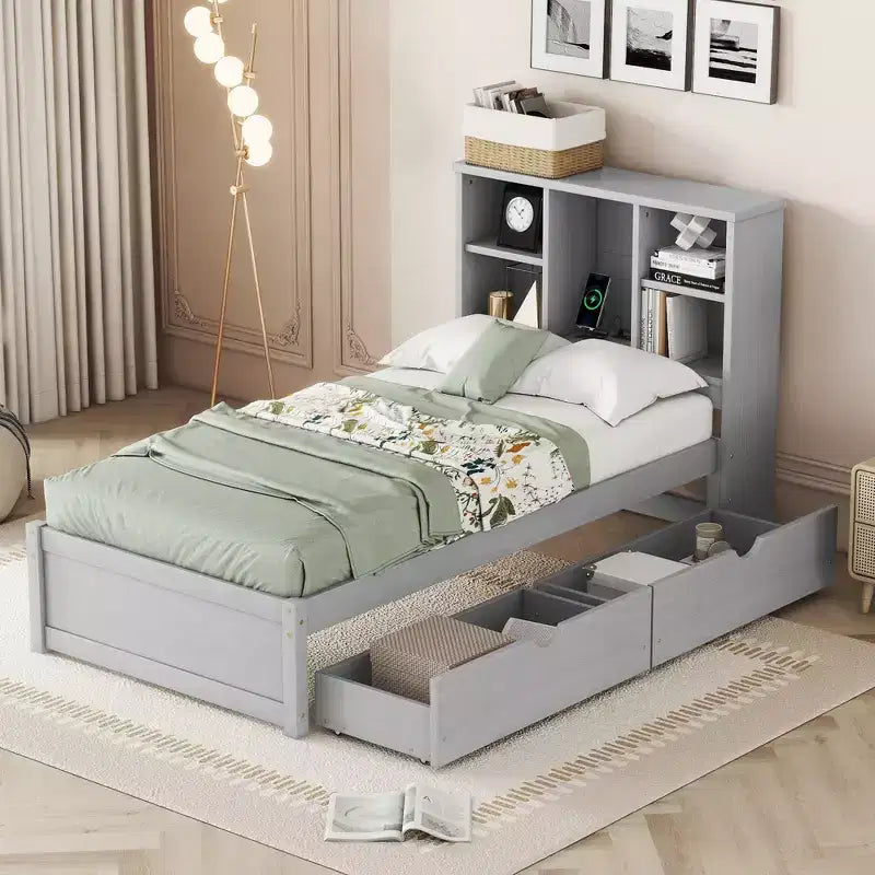 Bellemave Modern Twin Size Bed Frame With Built-in USB Port on Bookcase Headboard and 2 Drawers