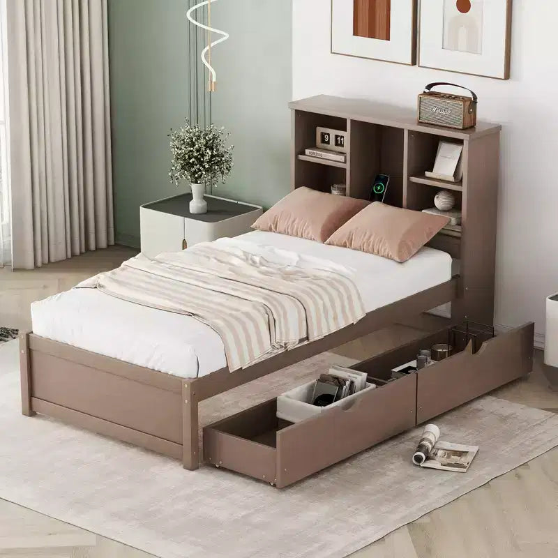 Modern Twin Size Bed Frame With Bookcase Headboard, USB Port and 2 Drawers