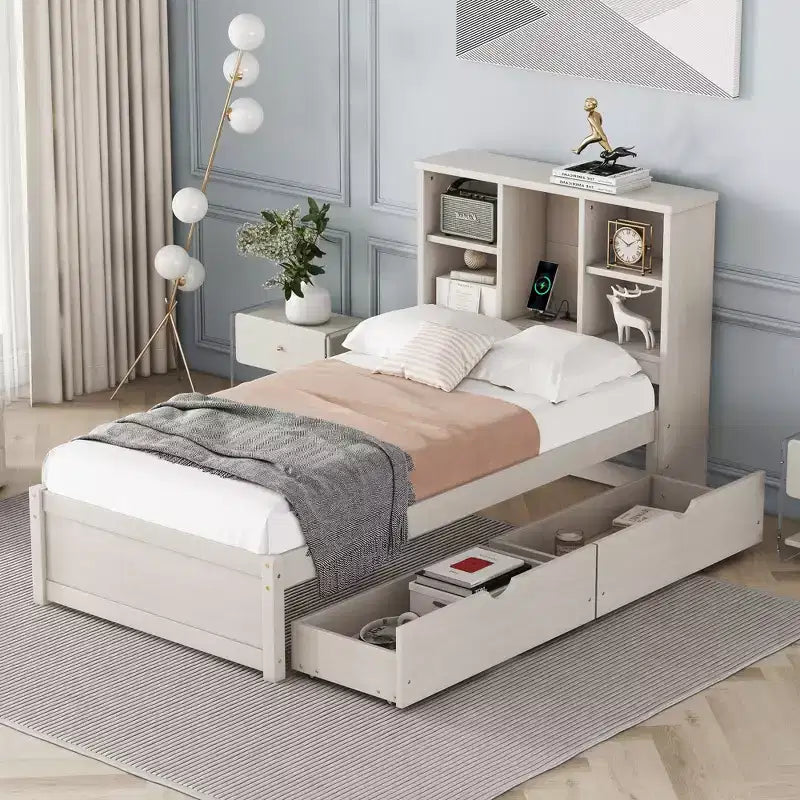 Modern Twin Size Bed Frame With Bookcase Headboard, USB Port and 2 Drawers