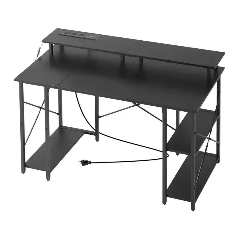 VEVOR 47 Gaming Desk with LED Lights & Power Outlets, Computer Desk with Monitor Stand & 2-Tier Storage Sheves, Study Work, Black