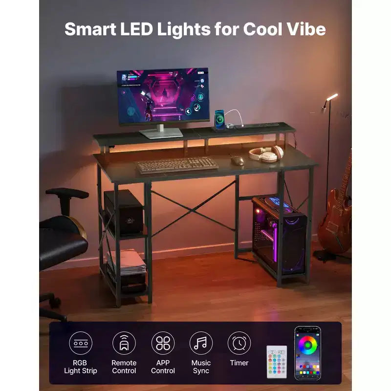 47" Gaming Desk with LED Lights & Power Outlets, Monitor Stand & 2-Tier Storage Shelf, Black